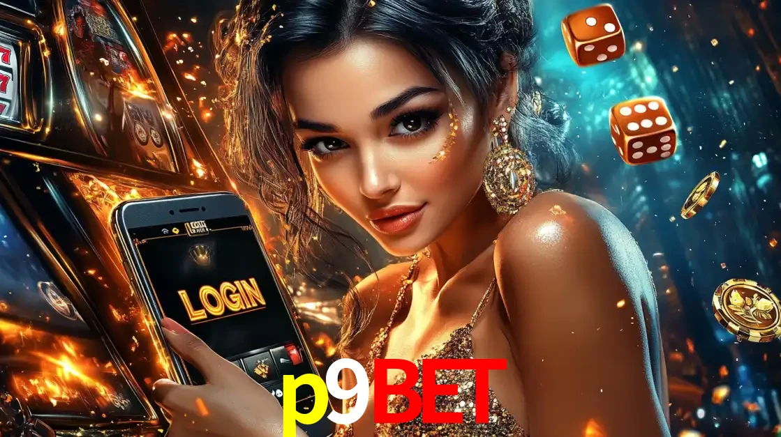Mulher glamourosa segurando um celular com a tela de login do cassino p9bet, rodeada por dados e moedas douradas, pronta para começar a diversão.