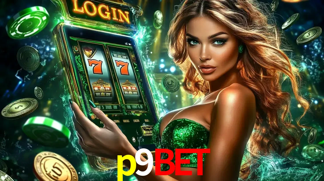 Mulher com tema verde apresentando o aplicativo do cassino p9bet com um jogo de slot de 777, cercada por fichas de cassino e uma aura de sorte.
