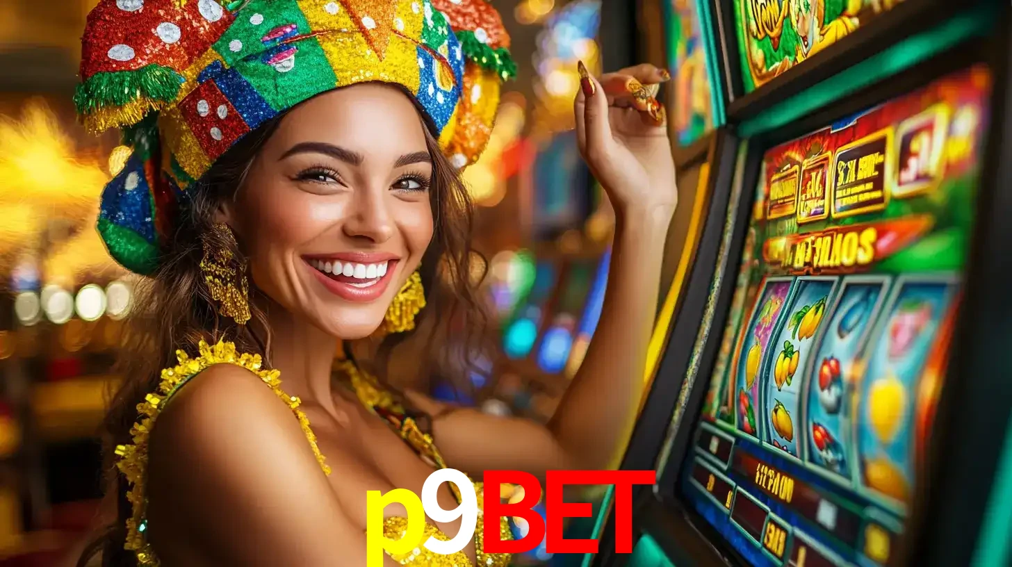 Mulher feliz com traje de carnaval amarelo e colorido ao lado de uma máquina de caça-níqueis, aproveitando a diversão e os jogos temáticos do cassino p9bet.