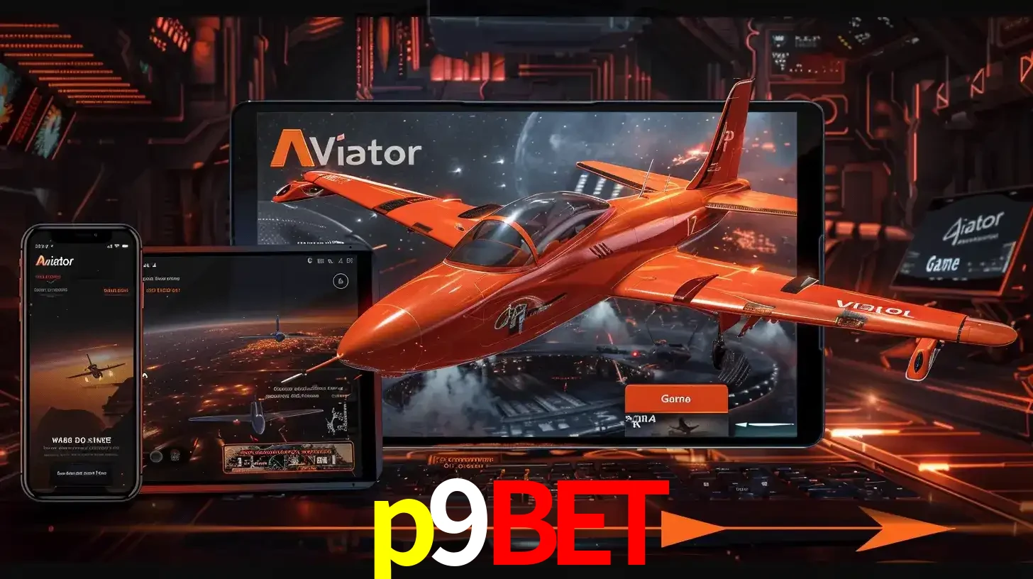 Apresentação tecnológica do jogo Aviator com um avião saindo da tela de um tablet, demonstrando a experiência imersiva em múltiplos dispositivos no p9bet.