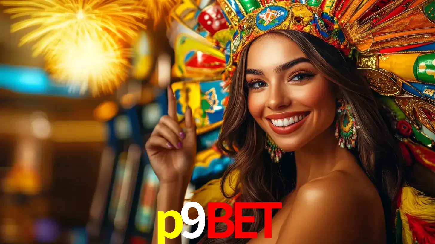 Mulher sorridente com um cocar de carnaval vibrante e colorido, celebrando uma grande vitória nos jogos do cassino p9bet com fogos de artifício ao fundo.