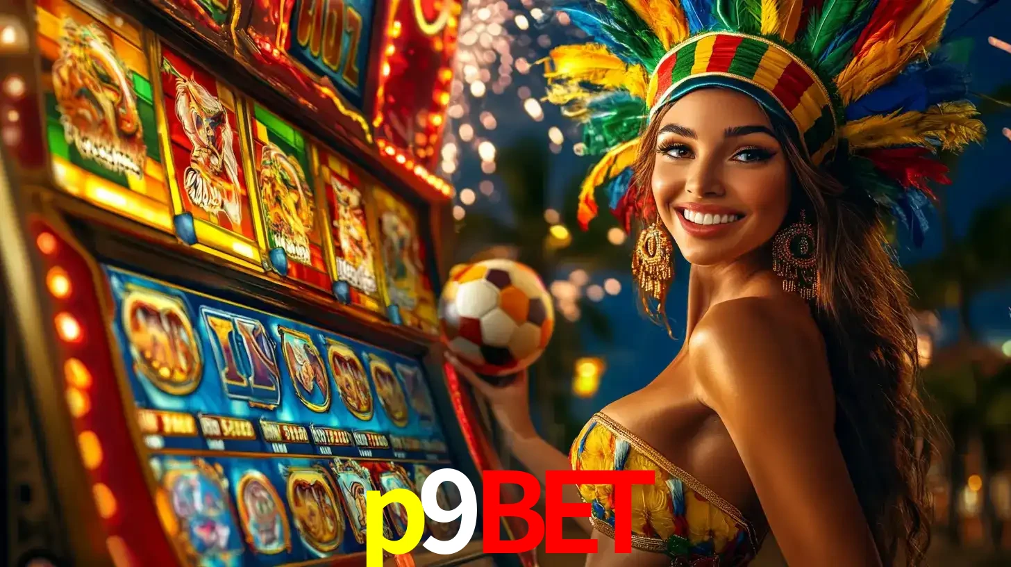 Mulher com um cocar de carnaval ao lado de uma máquina de caça-níqueis enquanto segura uma bola de futebol, mostrando a união da diversão de cassino e esportes no p9bet.