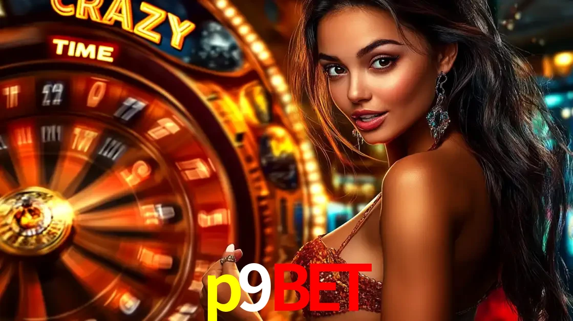 Mulher ao lado da roda de prêmios do jogo de cassino ao vivo Crazy Time, um dos shows de jogos mais emocionantes oferecidos pela plataforma de apostas p9bet.