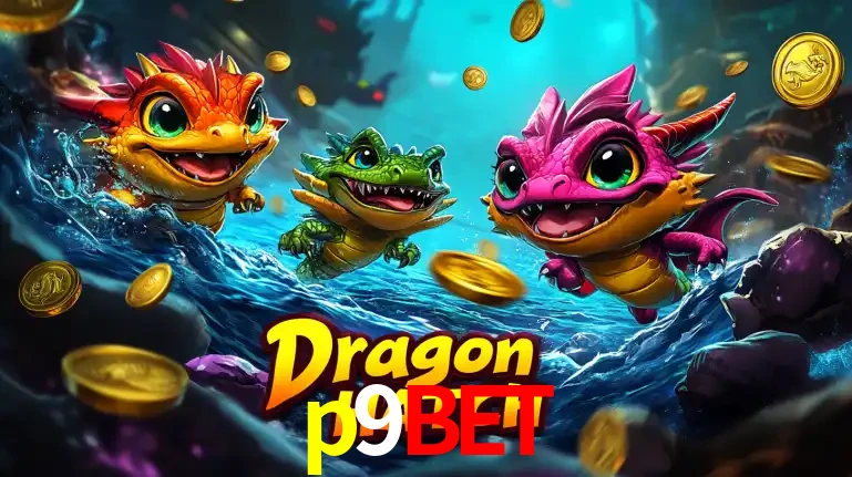Arte promocional do jogo Dragon Hatch com três adoráveis dragões bebês nadando entre moedas de ouro, um dos slots mais divertidos para jogar no cassino p9bet.