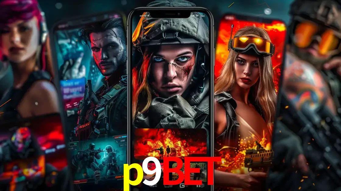 Montagem de telas de celular mostrando diversos personagens, masculinos e femininos, de um jogo de tiro, ilustrando a diversidade de equipes de e-sports para apostar no p9bet.