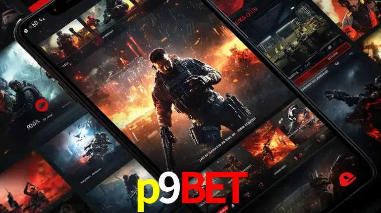 Tela de um celular exibindo uma galeria de jogos de tiro com temática militar, mostrando a variedade de e-sports disponíveis para apostas na plataforma de entretenimento p9bet.