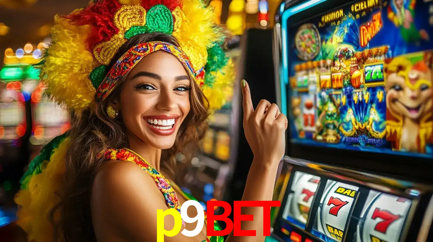 Mulher animada com um cocar de carnaval apontando para uma máquina de caça-níqueis, mostrando a emoção de ganhar um grande prêmio nos jogos do p9bet.
