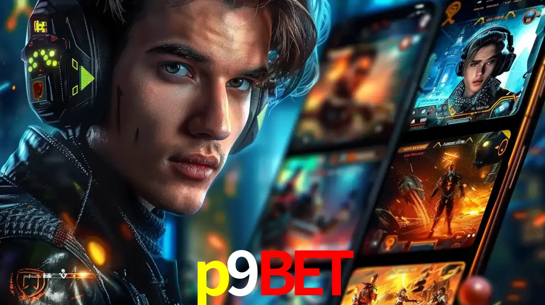 Jovem jogador com fones de ouvido olhando para a câmera, com um aplicativo de jogos e e-sports para celular ao fundo, pronto para a competição e apostas no p9bet.