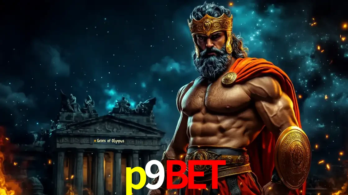 O poderoso Zeus do jogo de slot Gates of Olympus em frente ao seu templo, pronto para lançar multiplicadores divinos e prêmios épicos no cassino online p9bet.