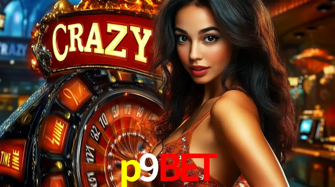 Mulher glamourosa olhando para a câmera com a roda vermelha do Crazy Time ao fundo em um ambiente de cassino, destacando a emoção dos jogos ao vivo no p9bet.