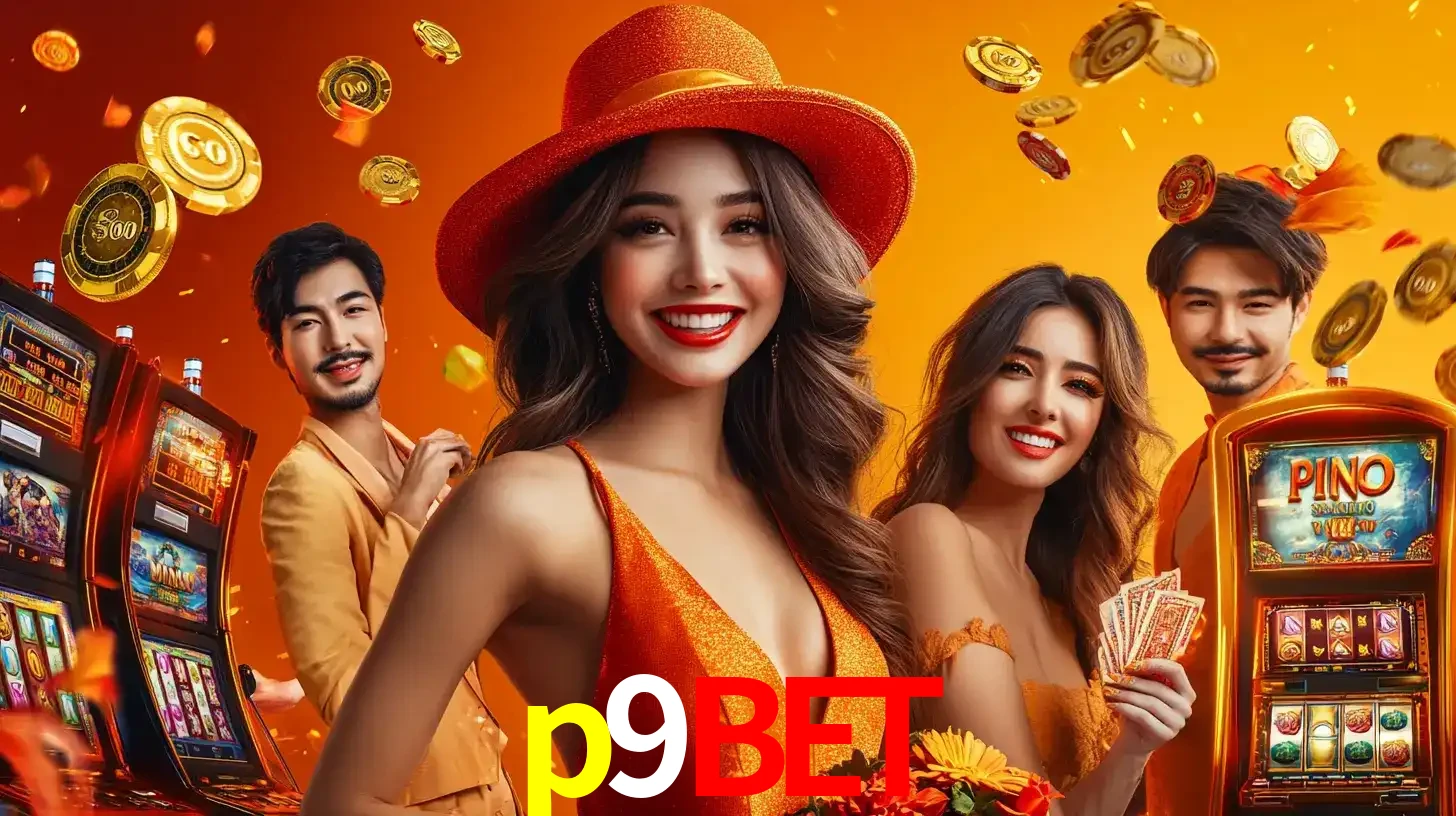 Grupo de amigos asiáticos sorrindo e se divertindo com máquinas de caça-níqueis em um ambiente festivo, celebrando suas vitórias nos jogos de cassino do p9bet.