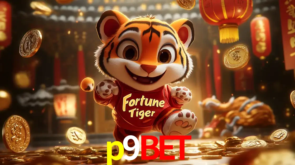 O alegre personagem do Fortune Tiger correndo sobre um caminho de moedas de ouro, simbolizando os grandes prêmios e a diversão do popular jogo de slot do p9bet.