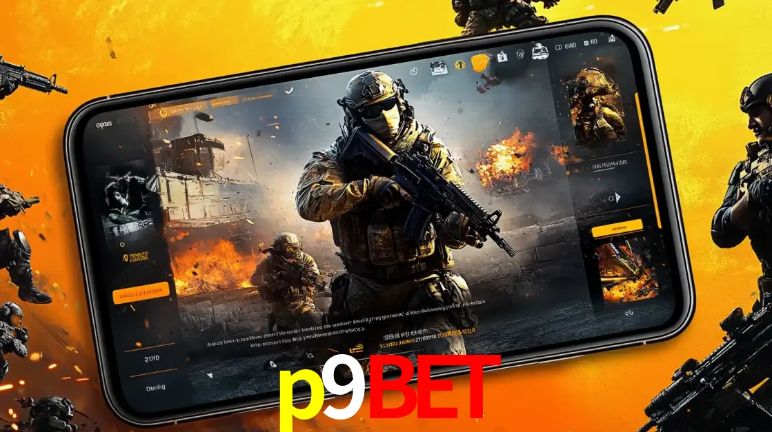 Um smartphone exibindo a interface de um jogo de tiro em primeira pessoa, com um soldado em um cenário de batalha, representando a ação dos e-sports para apostar no p9bet.