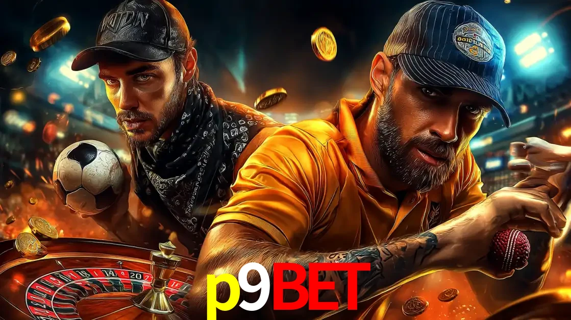 Montagem de apostas esportivas e cassino no p9bet, com um homem segurando uma bola de futebol e outro uma de beisebol sobre uma roleta e moedas voadoras.