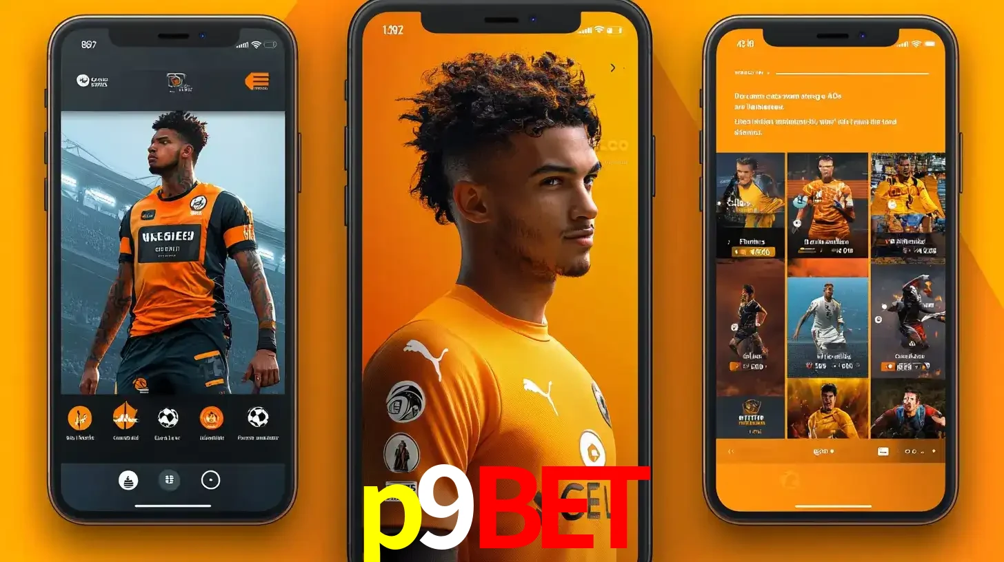 Interface do aplicativo de apostas esportivas p9bet em três telas de celular, mostrando o perfil de um jogador de futebol e a lista de jogos disponíveis para apostar.