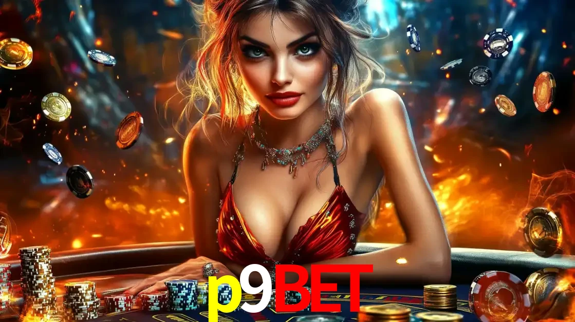 Mulher em uma mesa de cassino com pilhas de fichas e um fundo de fogo, pronta para uma rodada de altas apostas nos jogos de mesa emocionantes do cassino p9bet.