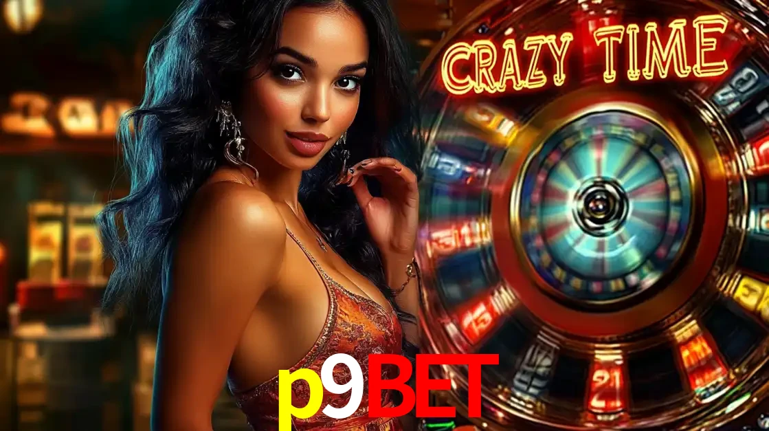 Mulher elegante ao lado da vibrante roda da fortuna do jogo de cassino ao vivo Crazy Time, um dos game shows mais populares e cheios de prêmios do p9bet.