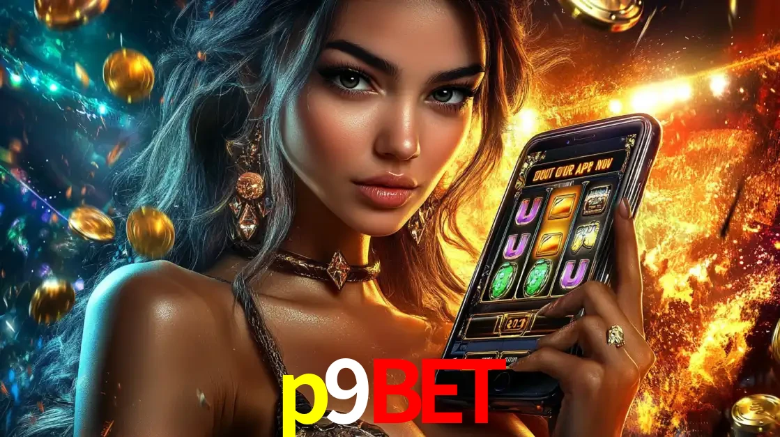 Mulher elegante mostrando um jogo de caça-níqueis em seu smartphone, destacando a experiência de cassino móvel oferecida pelo aplicativo p9bet.