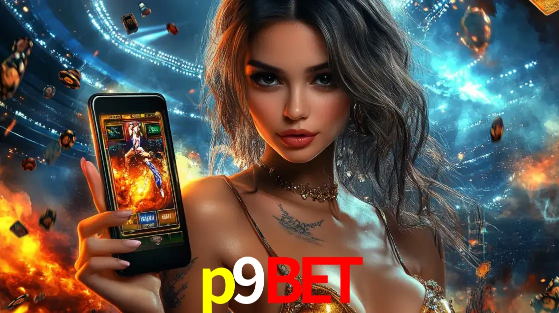 Mulher segurando um celular com um jogo de slot em destaque, tendo como fundo um estádio vibrante, simbolizando a emoção de jogar no cassino móvel p9bet.