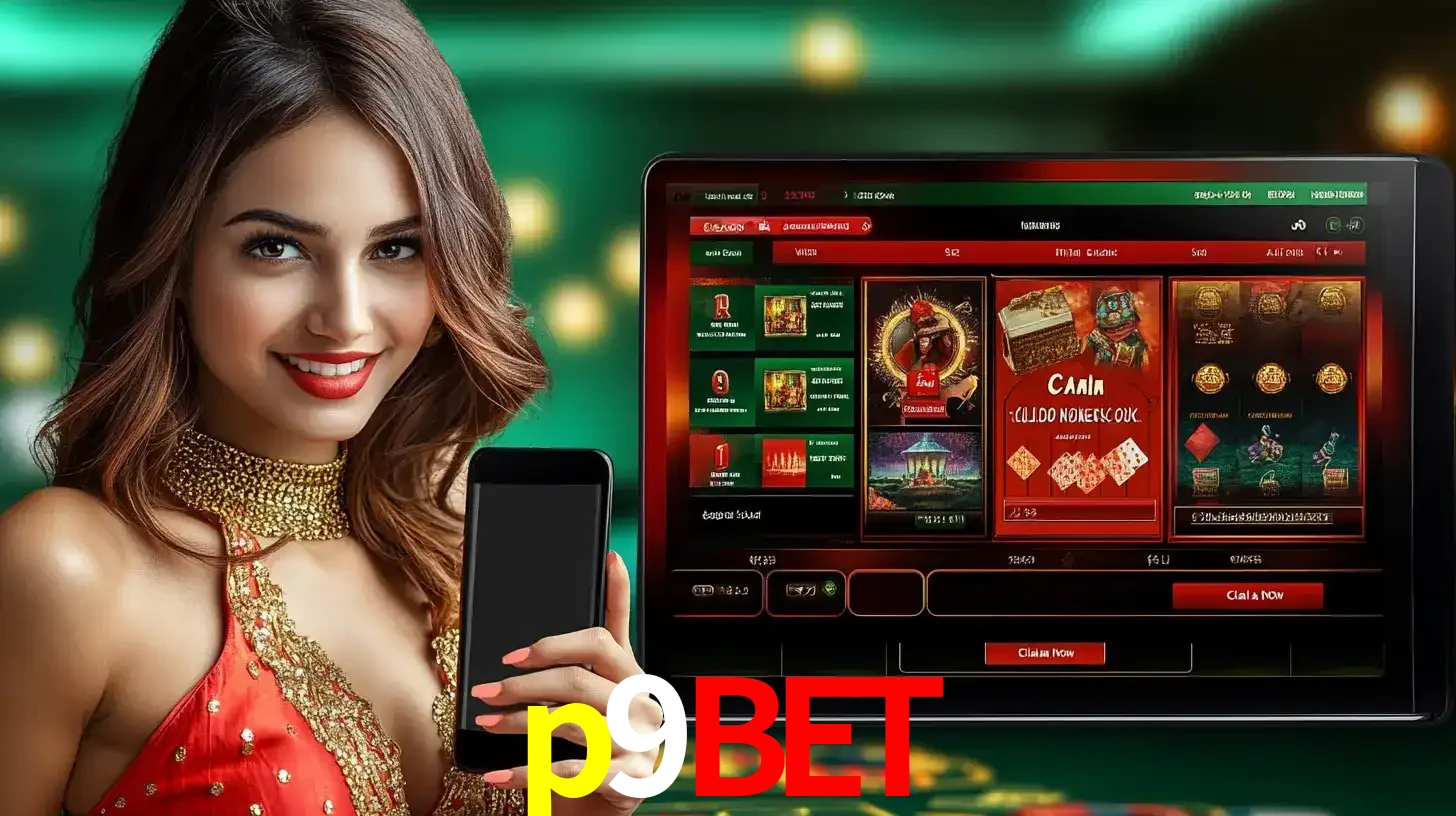 Mulher sorridente segurando um smartphone, ao lado de uma tela exibindo o lobby de jogos do cassino online p9bet, com várias opções de jogos de cartas e slots.